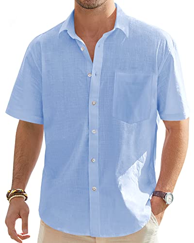 J.VER Men's Blue Linen Shirt Short Sleeve Lightweight Regular Fit Casual Summer Beach Shirt Tops with Pocket XXL