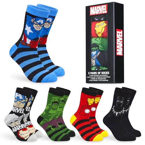 Marvel Mens Socks Soft Breathable Avengers 5 Pack Calf Length Crew Socks for Men Teenagers Spiderman Black Panther Iron Man Hulk Captain America Size 6-10 Gifts for Men (Blue Multi, 6.5/9.5 UK)