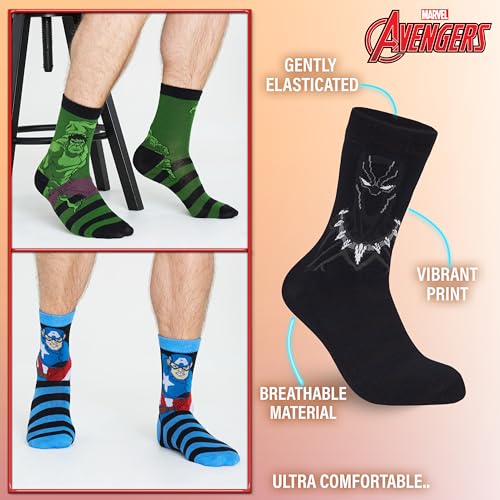 Marvel Mens Socks Soft Breathable Avengers 5 Pack Calf Length Crew Socks for Men Teenagers Spiderman Black Panther Iron Man Hulk Captain America Size 6-10 Gifts for Men (Blue Multi, 6.5/9.5 UK)