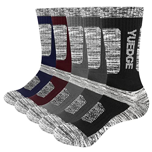 YUEDGE Men's 5 Pairs Wicking Breathable Cushion Comfortable Casual Crew Socks Multi Performance Walking Athletic Socks 9-11 (XL)