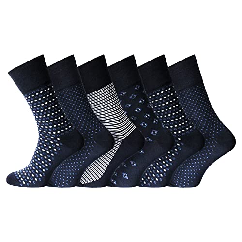Diabetic Socks Mens 6 Pairs – Mens Cotton Socks Gentle Grip Non Elastic Socks for swollen feet | Smooth Toe Seem | Non Elastic Cuff | 6-11 one size UK (Navy Patterned 6 Pairs)