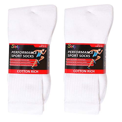 12 Pairs Mens Cotton Rich Sport Socks Work Socks Shoe Size 6-11 (White)