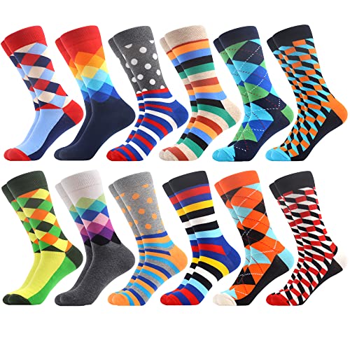 WeciBor Men's Dress Cool Colorful Fancy Novelty Funny Casual Combed Cotton Crew Socks 12 Pairs In Set, Eu0052-04, L