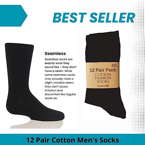 SMG® Mens 12 Pair Pack Cotton Casual Smart Design Argyle Contrast Heel Thin Stripe Socks (6-11) (Black)