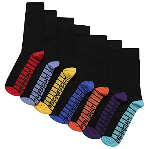 Soxy Mens Days of the Week Socks - 7 Pack - Cotton Rich Colour Sole, Heel & Toe Socks - Black-Multi Colour - UK Shoe Size 6-11