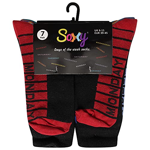 Soxy Mens Days of the Week Socks - 7 Pack - Cotton Rich Colour Sole, Heel & Toe Socks - Black-Multi Colour - UK Shoe Size 6-11