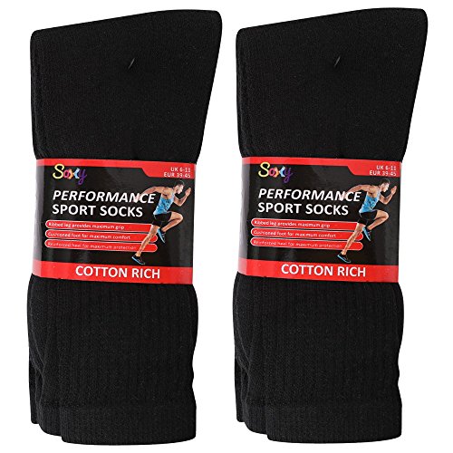 12 Pairs Mens Cotton Rich Sport Socks Work Socks Shoe Size 6-11 (Black)
