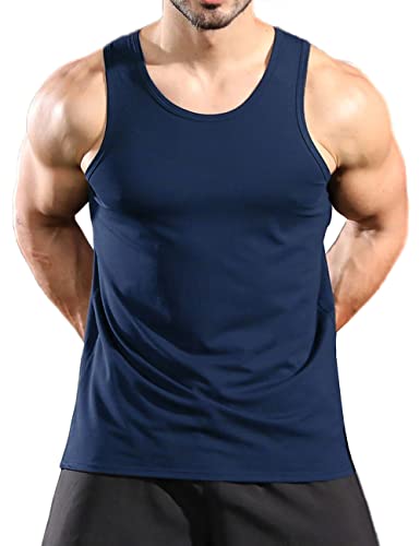 Mens Stringer Tank Tops Cotton Sleeveless Tank Tops Gym Workout Bodybuilding Fitness Muscle Tees Navy Blue