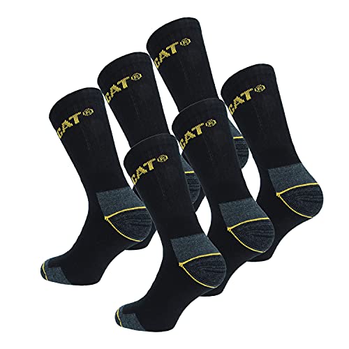 Caterpillar 6 pairs Men's Work Socks Accident Prevention Reinforced on Heel and Toe with Reinforced Weft CAT Yarn of Excellent Quality Cotton Sponge (Black, 6-11)