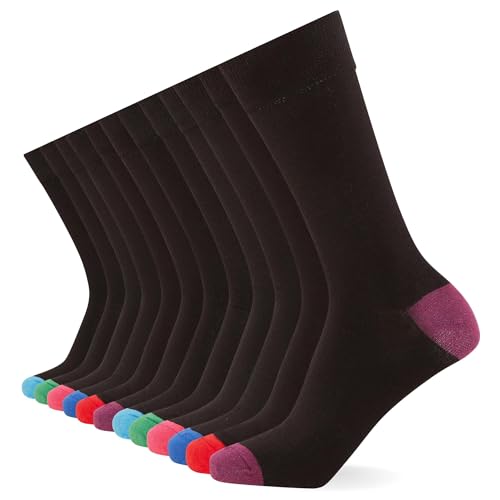 FM London Men's (12-Pack) Smart Breathable Socks, Black/Colour Heel & Toe, 6-11 UK (Pack of 12)