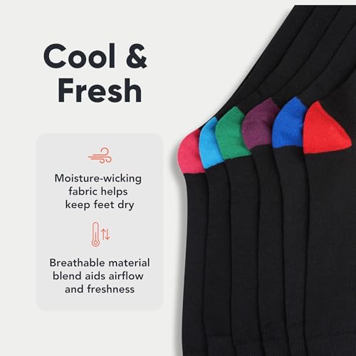 FM London Men's (12-Pack) Smart Breathable Socks, Black/Colour Heel & Toe, 6-11 UK (Pack of 12)