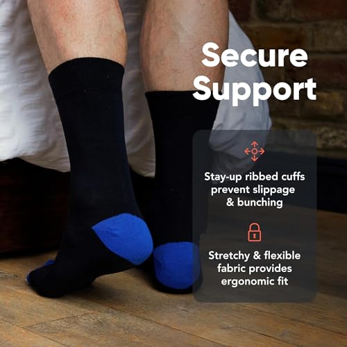 FM London Men's (12-Pack) Smart Breathable Socks, Black/Colour Heel & Toe, 6-11 UK (Pack of 12)