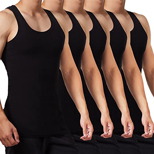FALARY Mens Vest Tops Pack of 5 Tank Tops Fitted 100% Cotton Basic Plain Color Underwear and Colours Black L