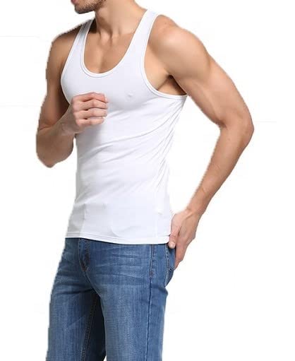 Men's 100% Cotton Singlet Sleeveless Vests Bodybuilding Training Gym Tank Tops Basic Plain Colour Casual Undershirt (XXL, White)