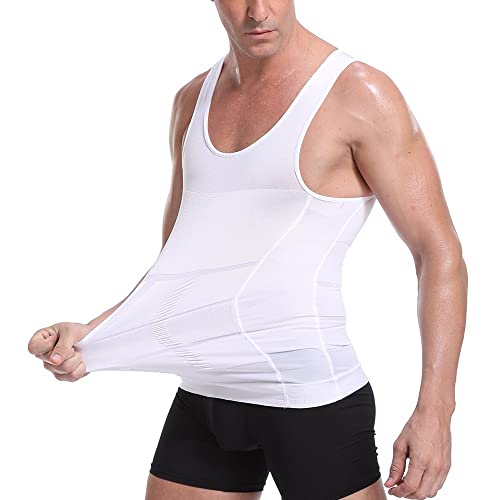 FONCBIEN Compression Vest Men, Slimming Mens Vests Seamless and Comfortable Compression Tops for Men Belly Fat Burner Tummy Control (UK, Alpha, L, Regular, Regular, White)
