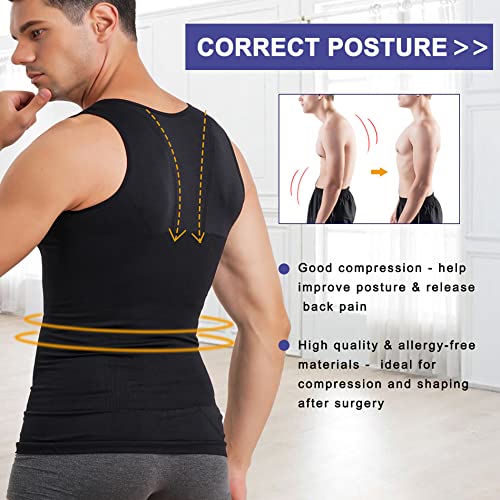 Compression Shirts for Men Shapewear Slimming Body Shaper Waist Trainer Vest Workout Tank Tops Abdomen Undershirts (Black, X-Large-2X-Large) XL-XXL