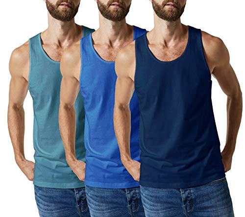 3 X Mens Vests 100% Cotton Tank Top Summer Training Gym Pack Interlock S - 5XL (1 x Navy 1 x Sky 1 x Royal, L)
