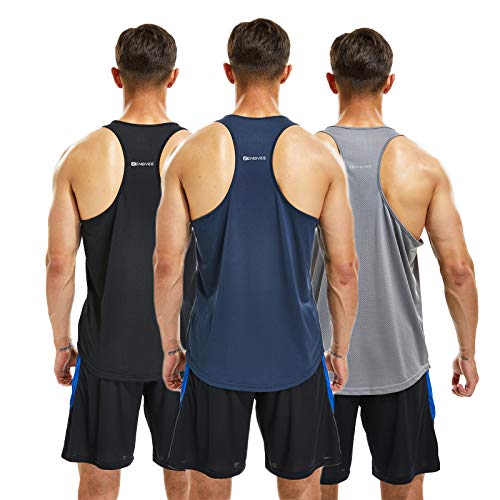 frueo 3 Pack Running Muscle Tank Top for Men DRT-Fit Gym Vest Men Breathable Y-Back Shirts Training Bodybuilding Vests (20418) Black Gray Navy-L
