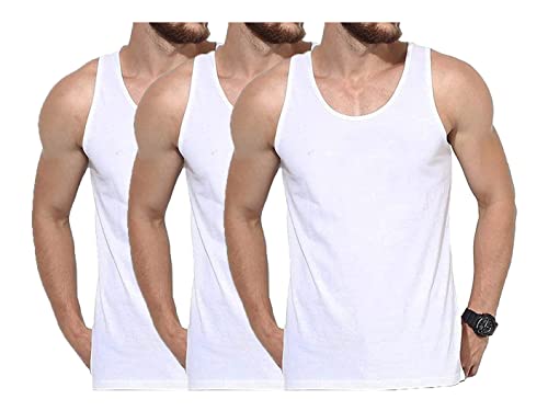 ZRWASKA® Men's Vests Tank Tops White Sleeve-Less Plain Cotton Undershirts Out Door Breathable Slim Fit Summer Top Vest Everyday Athletic wear Easy Fit Dry-Fit Workout Shirts White (Pack 3) Size Large