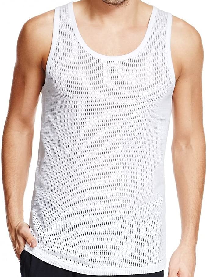 3 Pack Mens Airtex Mesh Vest 100% Cotton Sleeveless Tank Tops Gym Tranining Vest Comfortable Fishnet Swimwear Vest (as8, Alpha, m, Regular, Regular) White