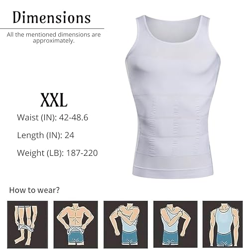 Lizzy Men's Slimming Vest| Seamless and Comfortable Body Shaper Vest |Slim Chest Belly Waist Compression Shirt (White, Double Extra Large -XXL)