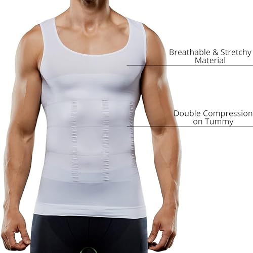 Lizzy Men's Slimming Vest| Seamless and Comfortable Body Shaper Vest |Slim Chest Belly Waist Compression Shirt (White, Double Extra Large -XXL)