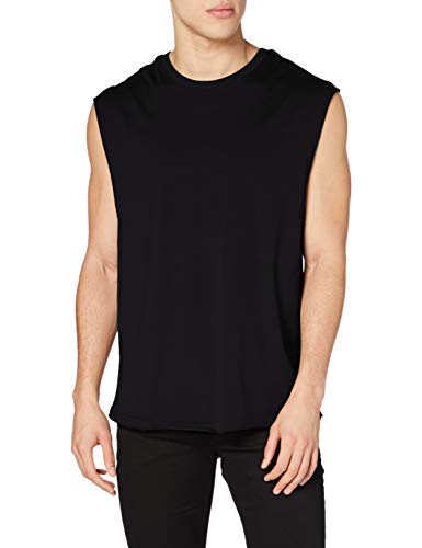 Urban Classics Men's Sleeveless T-Shirt Workout Vest with Round Neckline and Rolled Hems, Loose Tank Top, 100% Jersey Cotton, Black, Size: Large, L