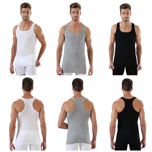 EZIM GLOBAL Pack of 3 Ultra Soft Mens Vests%100 Cotton Comped Tank Tops Men's Undershirts Grey, Black, White Thermal Multipack