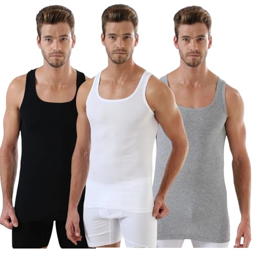 EZIM GLOBAL Pack of 3 Ultra Soft Mens Vests%100 Cotton Comped Tank Tops Men's Undershirts Grey, Black, White Thermal Multipack