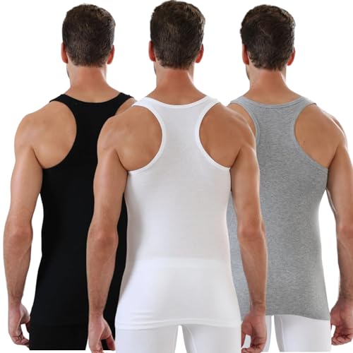 EZIM GLOBAL Pack of 3 Ultra Soft Mens Vests%100 Cotton Comped Tank Tops Men's Undershirts Grey, Black, White Thermal Multipack