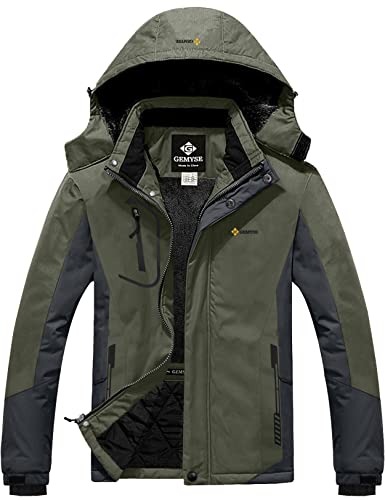 GEMYSE Men's Winter Waterproof Ski Jacket Mountain Windproof Fleece Coat with Hood (Army Green Grey,L)