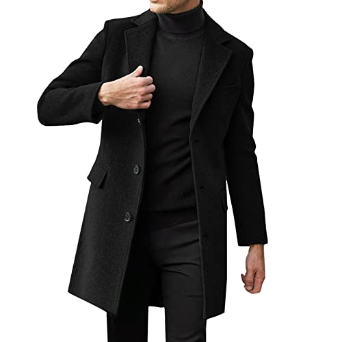 Mens Trench Coat Wool Blend Top Pea Coat Winter Long Single Breasted Classic Stylish Business Overcoat Windbreaker Coat(Black,Large)