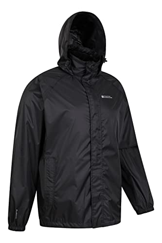 Mountain Warehouse Pakka Mens Waterproof Packable Jacket - IsoDry, Lightweight & Breathable Raincoat with Taped Seams & Packaway Bag - For Spring Summer & Travel Black L