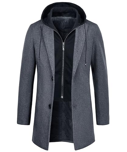 KTWOLEN Mens Wool Coat Trench Coat Long Business Woolen Jacket Casual Quilted Jacket Winter Warm Hooded Overcoat, Grey, XL