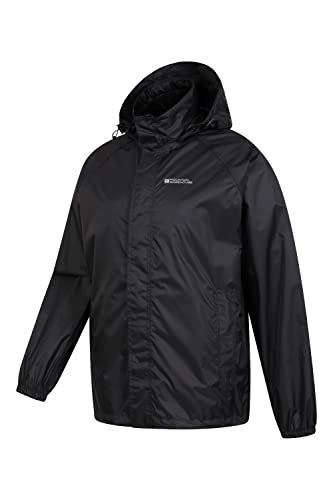 Mountain Warehouse Pakka Mens Waterproof Packable Jacket - IsoDry, Lightweight & Breathable Raincoat with Taped Seams & Packaway Bag - For Spring Summer & Travel Black L