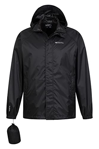 Mountain Warehouse Pakka Mens Waterproof Packable Jacket - IsoDry, Lightweight & Breathable Raincoat with Taped Seams & Packaway Bag - For Spring Summer & Travel Black L