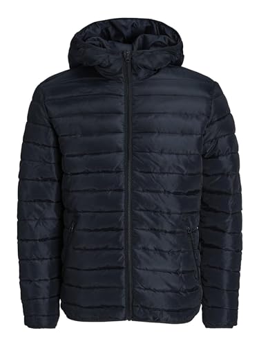 JACK & JONES Men's Jacket Puffer Hooded Neck Winter Warm Jacket Full Zip, Black Colour, UK Size L