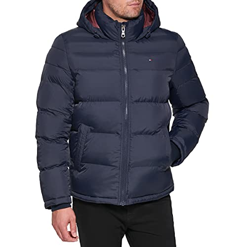 Tommy Hilfiger Men's Classic Hooded Puffer Jacket Down Alternative Outerwear Coat, Midnight, L