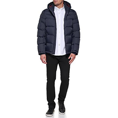 Tommy Hilfiger Men's Classic Hooded Puffer Jacket Down Alternative Outerwear Coat, Midnight, L