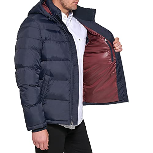 Tommy Hilfiger Men's Classic Hooded Puffer Jacket Down Alternative Outerwear Coat, Midnight, L
