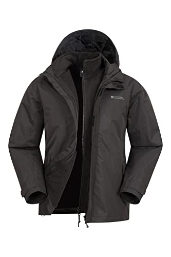 Mountain Warehouse Fell Mens 3 in 1 Water Resistant Jacket - Adjustable Coat with Packaway Hood, Detachable Inner Fleece & Many Pockets - For Hiking & Outdoors Black L