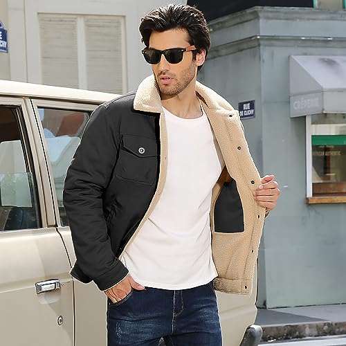 Vancavoo Winter Jackets for Men Fleece Lined Warm Military Industry Coat Thick Casual Cargo Jacket with 5 Pockets Lapel Collar Cotton for Outdoor Work Autumn Winter(Black,XL)