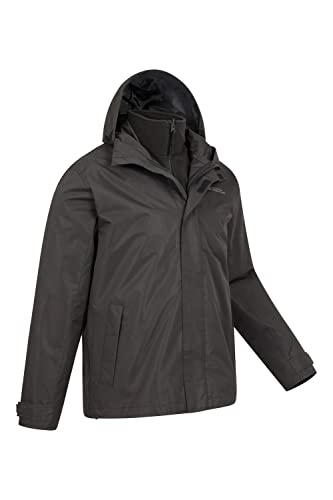 Mountain Warehouse Fell Mens 3 in 1 Water Resistant Jacket - Adjustable Coat with Packaway Hood, Detachable Inner Fleece & Many Pockets - For Hiking & Outdoors Black L