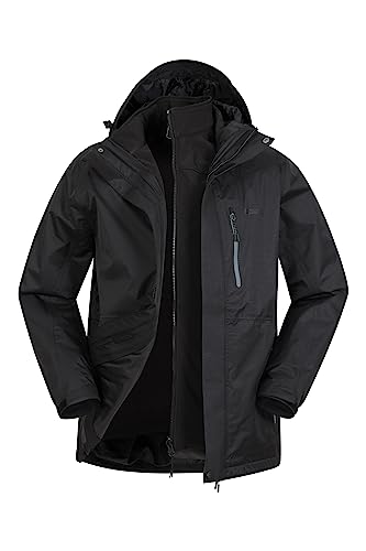 Mountain Warehouse Bracken Extreme Mens 3 in 1 Waterproof Jacket – Adjustable Mens Coat, Warm Rain Jacket, Headphone Compatible Outerwear – for Camping, Walking Black M