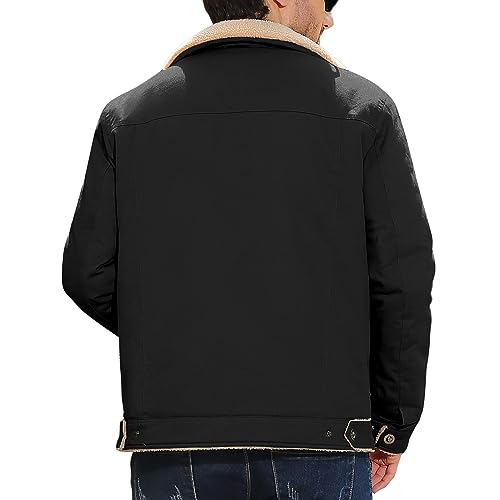 Vancavoo Winter Jackets for Men Fleece Lined Warm Military Industry Coat Thick Casual Cargo Jacket with 5 Pockets Lapel Collar Cotton for Outdoor Work Autumn Winter(Black,XL)