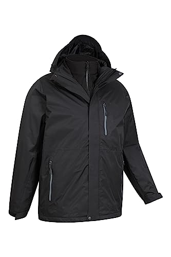 Mountain Warehouse Bracken Extreme Mens 3 in 1 Waterproof Jacket – Adjustable Mens Coat, Warm Rain Jacket, Headphone Compatible Outerwear – for Camping, Walking Black M
