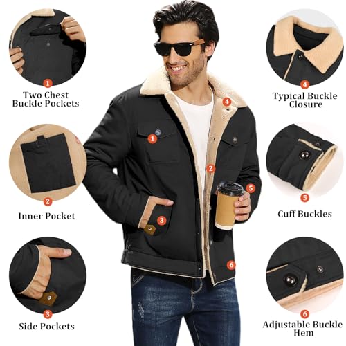 Vancavoo Winter Jackets for Men Fleece Lined Warm Military Industry Coat Thick Casual Cargo Jacket with 5 Pockets Lapel Collar Cotton for Outdoor Work Autumn Winter(Black,XL)