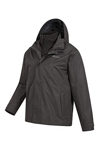 Mountain Warehouse Fell Mens 3 in 1 Water Resistant Jacket - Adjustable Coat with Packaway Hood, Detachable Inner Fleece & Many Pockets - For Hiking & Outdoors Black L
