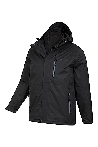 Mountain Warehouse Bracken Extreme Mens 3 in 1 Waterproof Jacket – Adjustable Mens Coat, Warm Rain Jacket, Headphone Compatible Outerwear – for Camping, Walking Black M