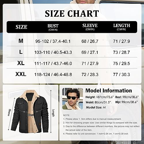 Vancavoo Winter Jackets for Men Fleece Lined Warm Military Industry Coat Thick Casual Cargo Jacket with 5 Pockets Lapel Collar Cotton for Outdoor Work Autumn Winter(Black,XL)